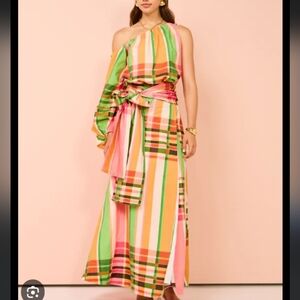 By Nicola Rosa Maxi Dress Holiday Plaid Linen Cotton Single Sleeve